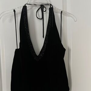 Chic Black Velvet Halter Top with Beaded Trim